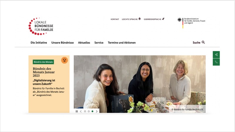Screenshot der neuen Sartseite der Lokalen Bündnisse für Familie