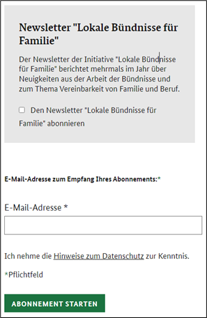 Kästchen für Bestätigung zur Anmeldung, Eingabefeld E-Mail-Adresse, Schaltfläche "Abonnement starten"