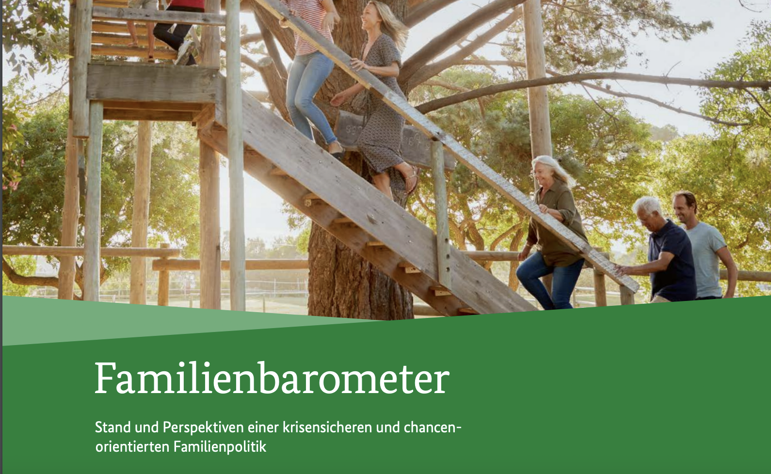 Menschen die auf ein Klettergerüst steigen, unten Schriftzug "Familienbarometer"