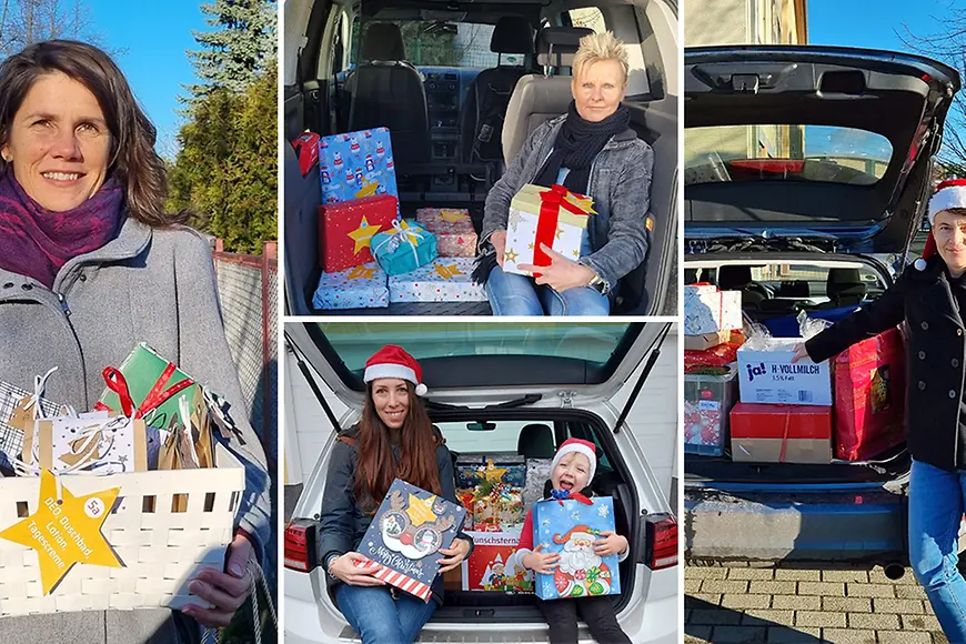 Bildcollage aus Menschen mit Geschenken
