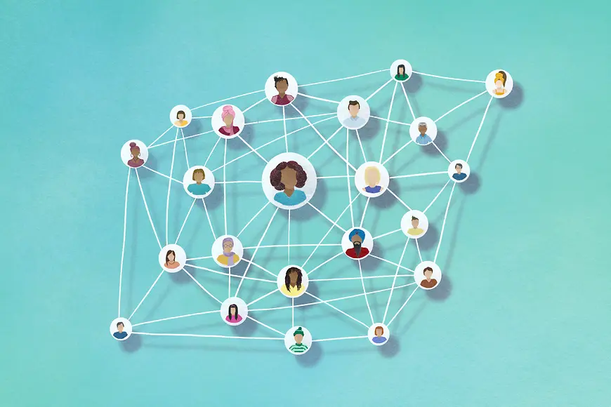 Gezeichnete Personen sind über Fäden miteinander verbunden