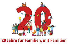 Links Schriftzug "Stark für Familienmomente", rechts gezeichnete Figuren