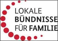 ein Halbkreis aus mehreren roten Punkten, daneben steht "Lokale Bündnisse für Familie"